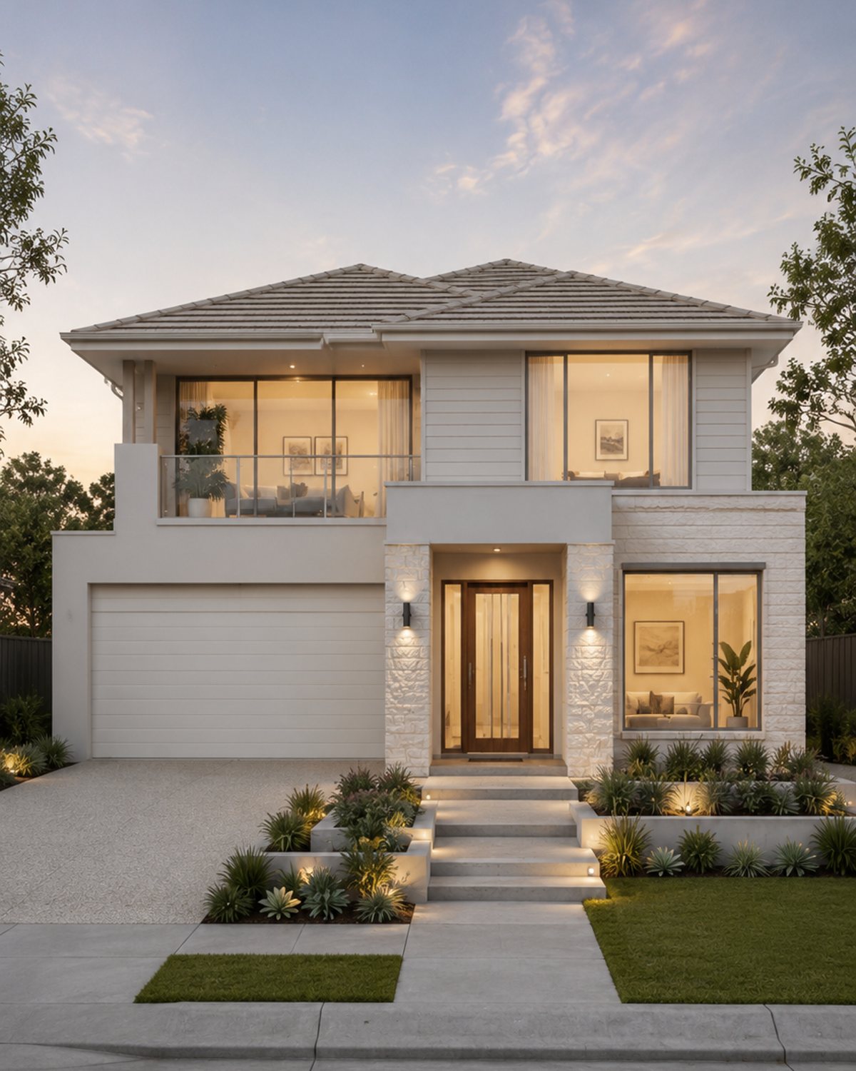 A completed Plunkett Homes design at dusk.